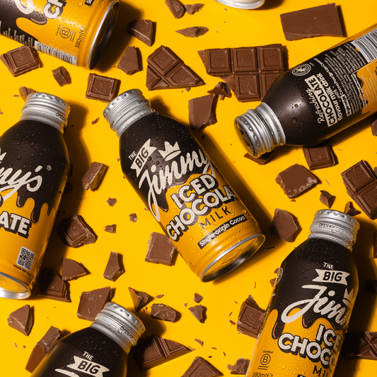 The Big Jimmy's' iced chocolate milk surrounded by chocolate pieces on a yellow background