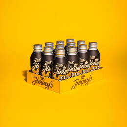 Case of Jimmy's Iced Chocolate Milk BottleCans on a yellow background