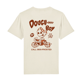 Back of beige loose-fit t-shirt with a retro 'Dough-livery Boy' graphic in brown. The cartoon character is riding a bike with cinnamon rolls as wheels. 