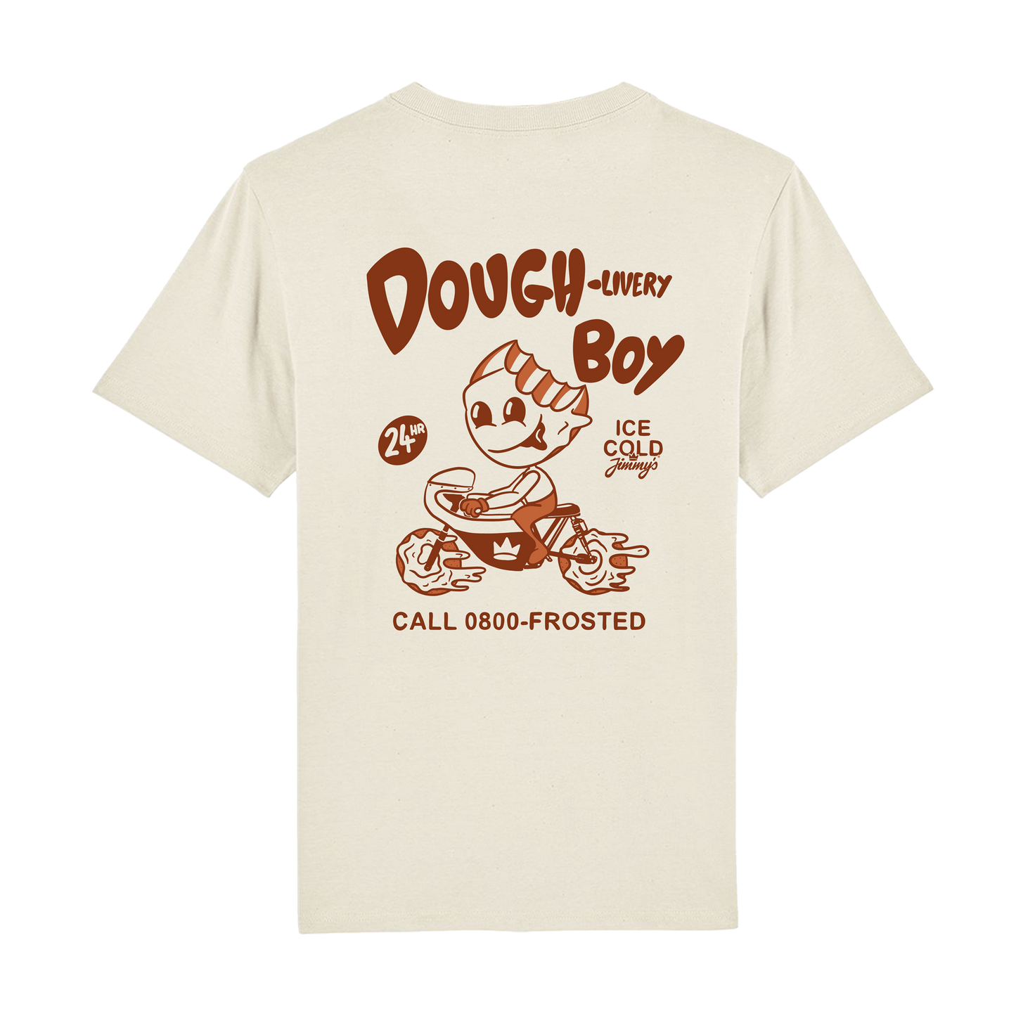 Back of beige loose-fit t-shirt with a retro 'Dough-livery Boy' graphic in brown. The cartoon character is riding a bike with cinnamon rolls as wheels. 