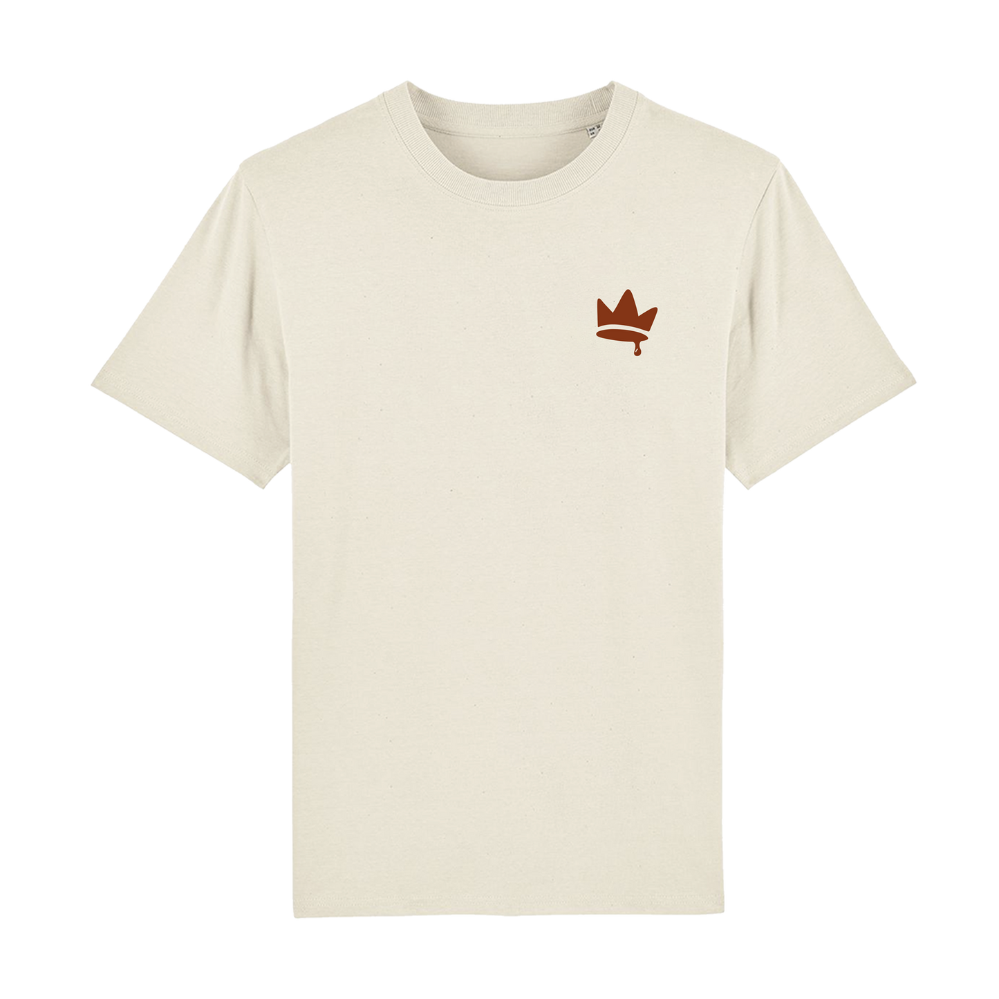 Beige loose-fit t-shirt made from 100% organic cotton. The front features a small brown drip crown logo on the left chest.